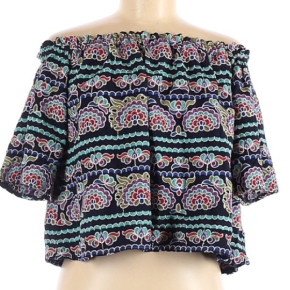 Aqua Off-The-Shoulder Floral Embroidered Colorful Top/Shirt on Navy Base XS‎